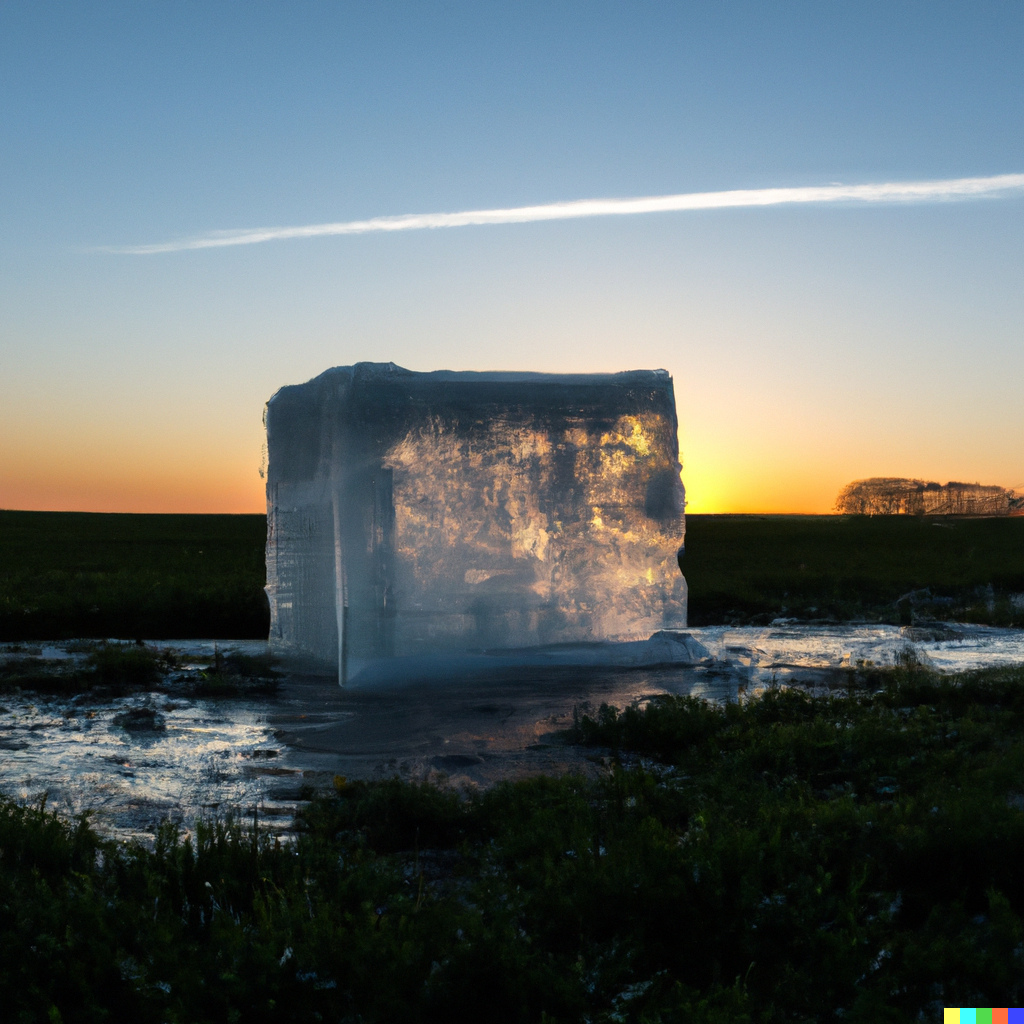 a-giant-ice-cube-melting-into-a-feild-in-the-lincolnshire-countryside-with-the-sunrise-in-the-background
